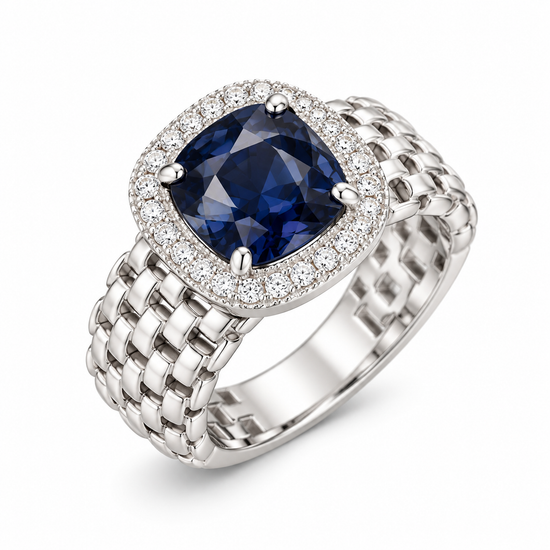 Anillo de plata de malla con piedra azul y circonitas blancas