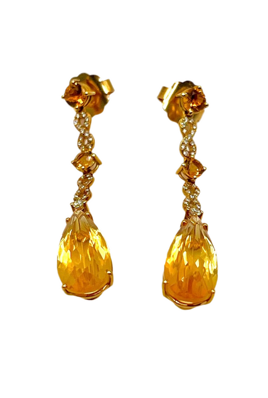 Pendientes largos de oro amarillo y citrinos con diamantes