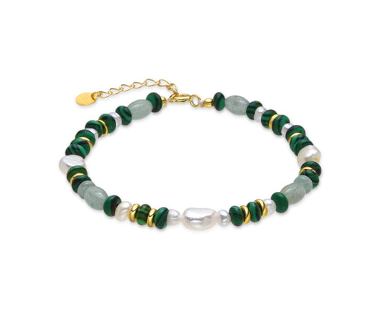 Pulsera de plata dorada de perlas, malaquita y jade