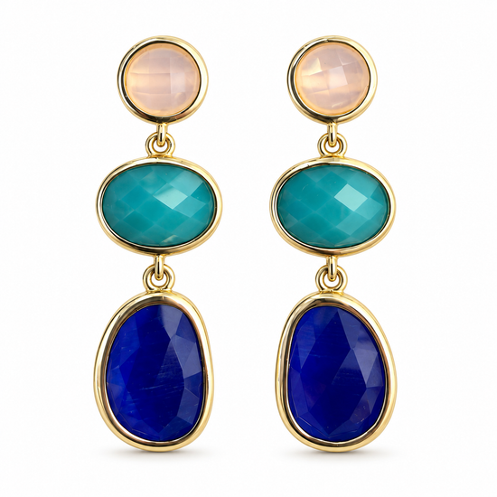 Pendientes de plata dorada de 3 piedras largos de color