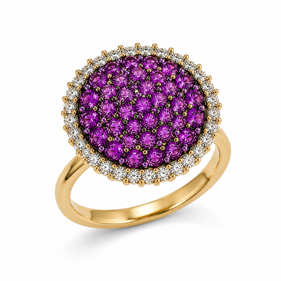 Anillo de oro rosa 18K con rubíes y orla de diamantes