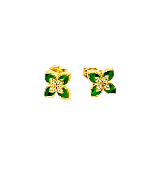 Pendientes de oro amarillo y rosca de flor de malaquita y brillantitos
