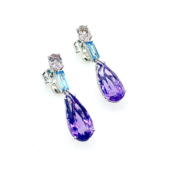 Pendientes de oro Blanco con amatistas, topacios azules y morganite’s