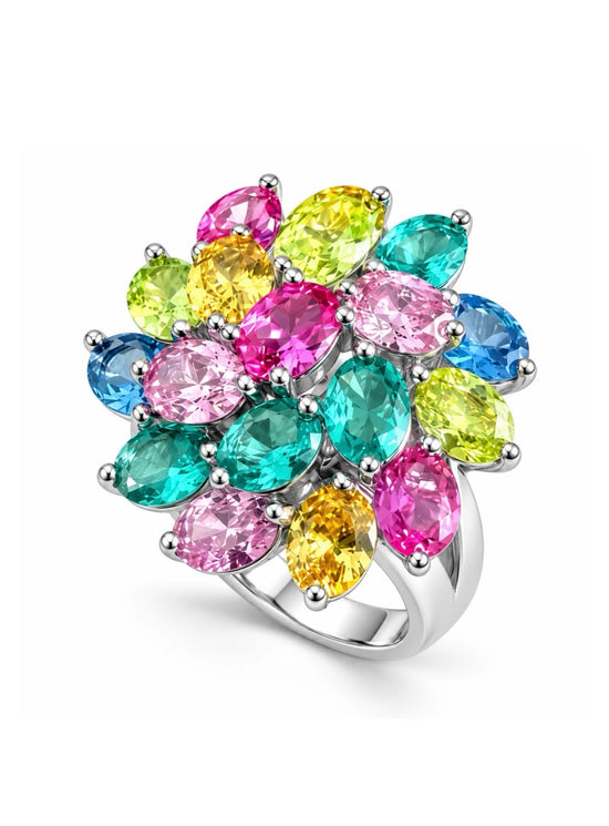Anillo de flor grande de plata925 con piedras de color