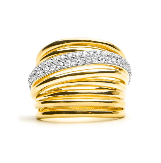 Anillo de plata dorada ancho con circonitas