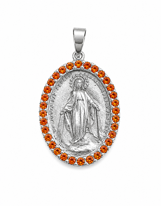 Medalla Milagrosa de plata con circonitas naranjas alrededor