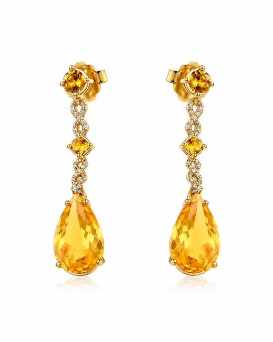 Pendientes largos de oro amarillo y citrinos con diamantes
