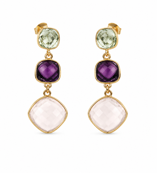Pendientes de oro amarillo de amatistas, cuarzo rosa y topacio azul