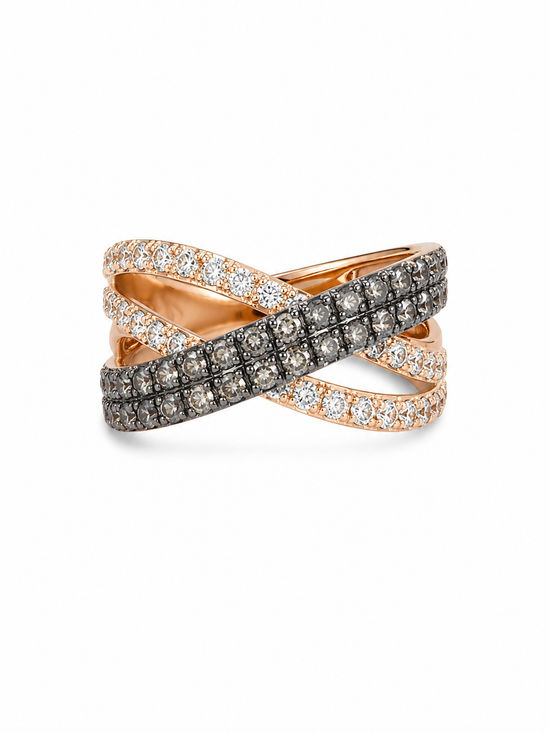 Anillo dobles brazos cruzados de oro rosa con diamantes Brown y blancos