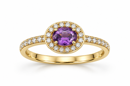 Anillo de oro amarillo cuarzo hidrotermal central y diamantes